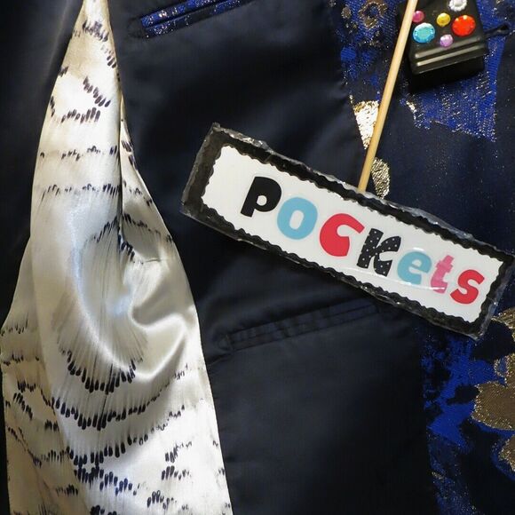 Moss London Mens Party Satin Gold Metallic Floral Skinny Button Jacquard Coat M - Picture 8 of 16